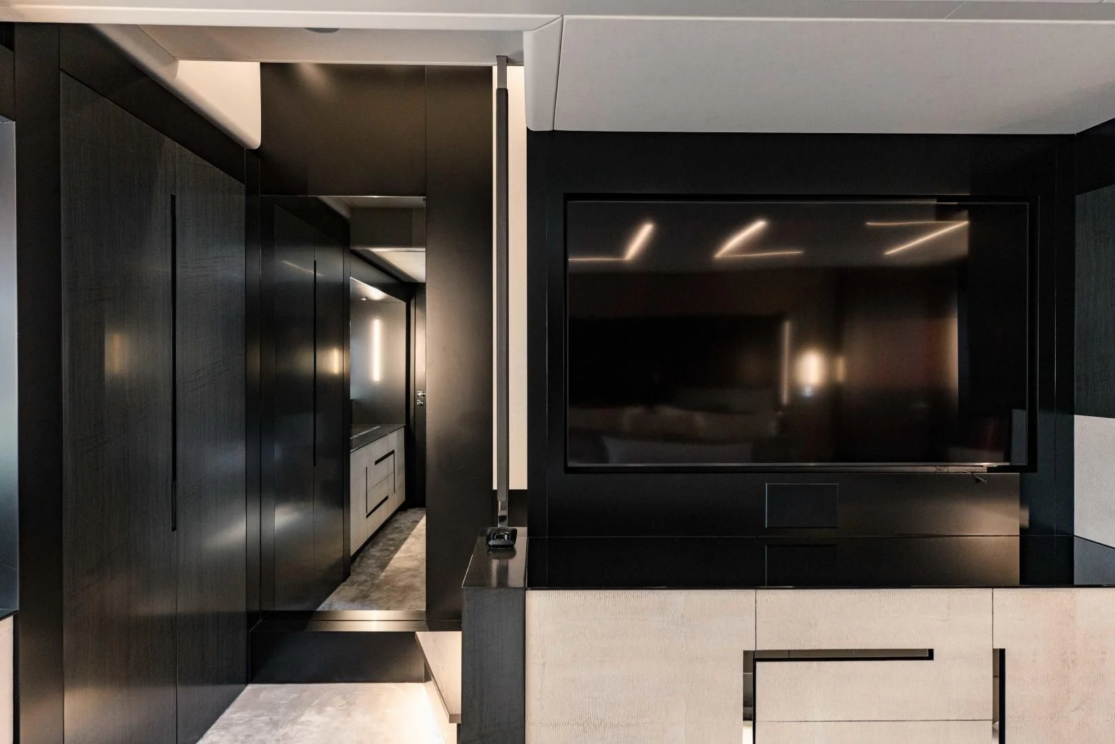 a room with a large mirror aboard STALLION Yacht for Sale