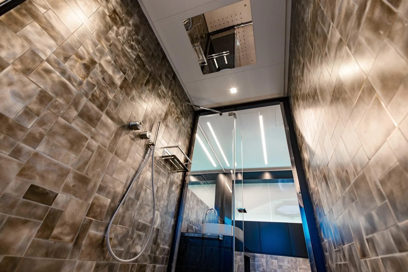 a building with a glass door aboard STALLION Yacht for Sale