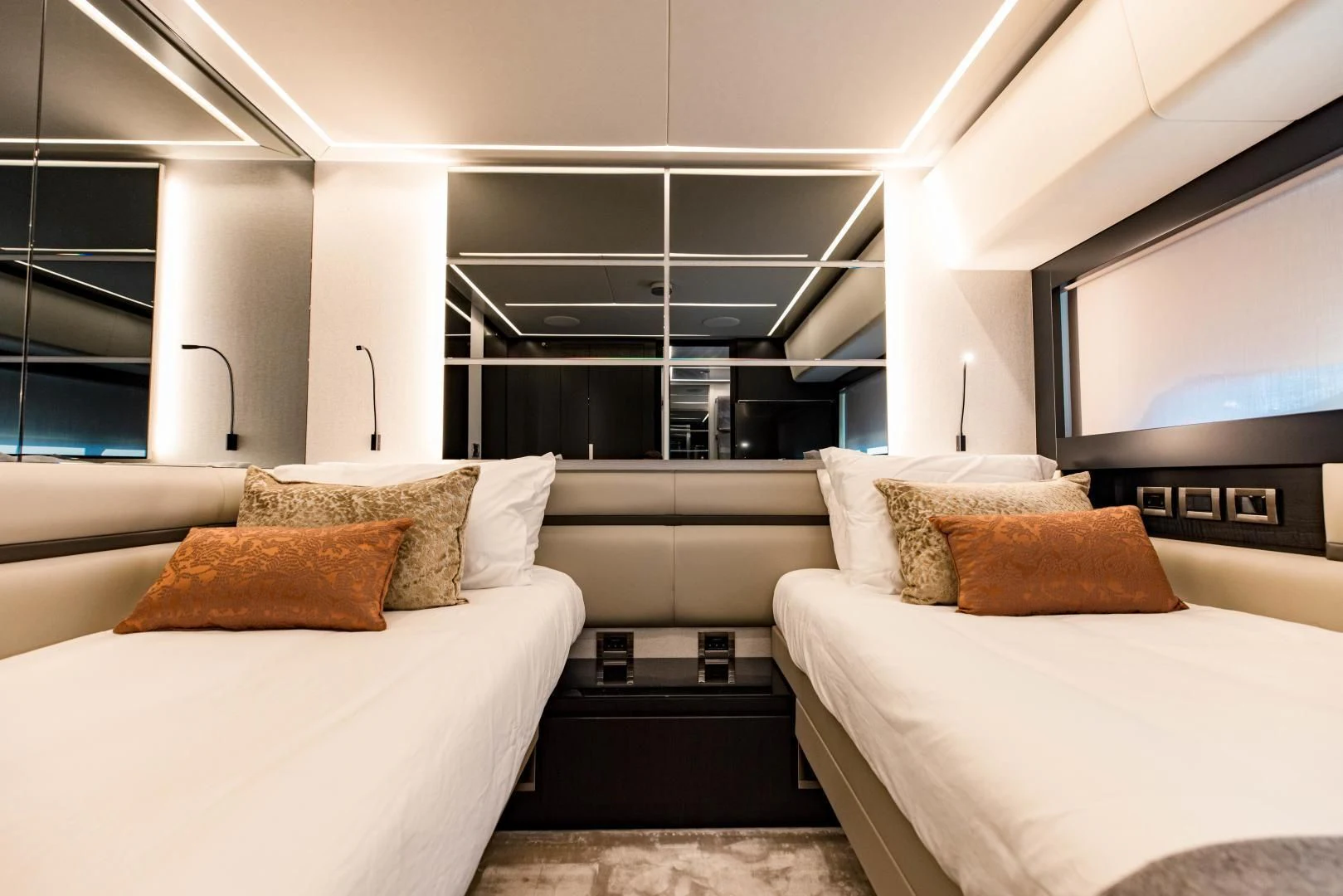 a room with a bed and a tv aboard STALLION Yacht for Sale