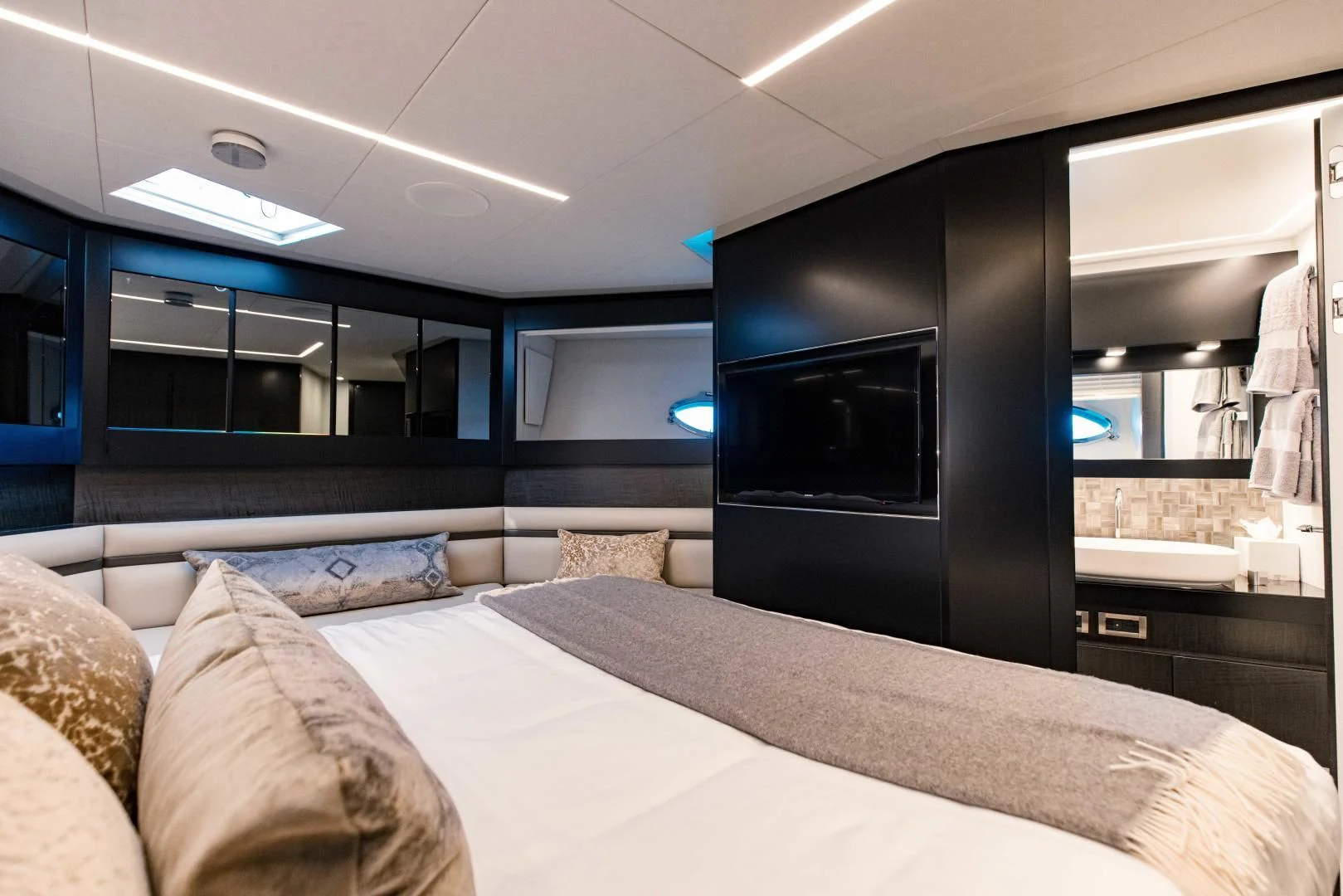 a bed in a room aboard STALLION Yacht for Sale