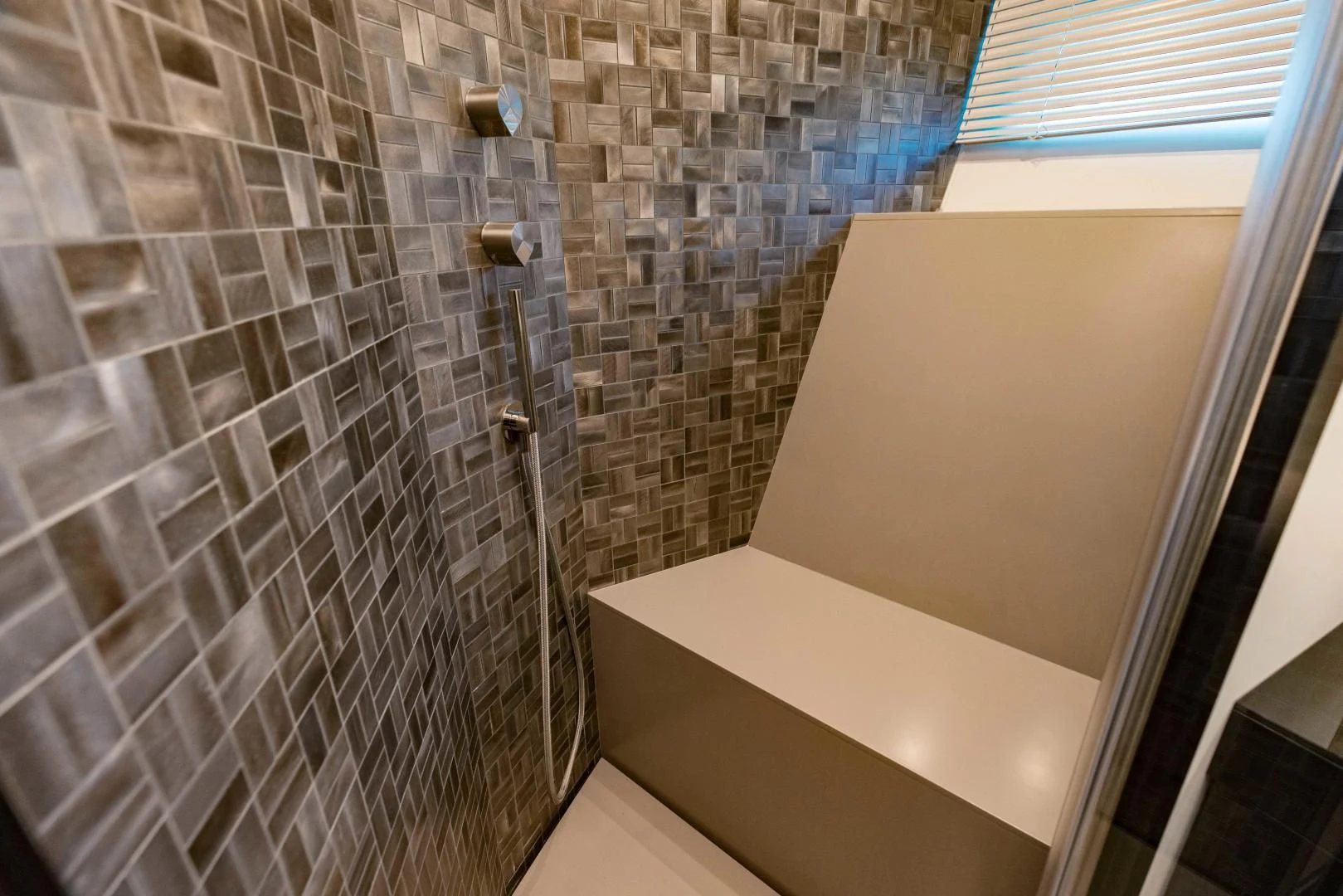 a bathroom with a shower aboard STALLION Yacht for Sale