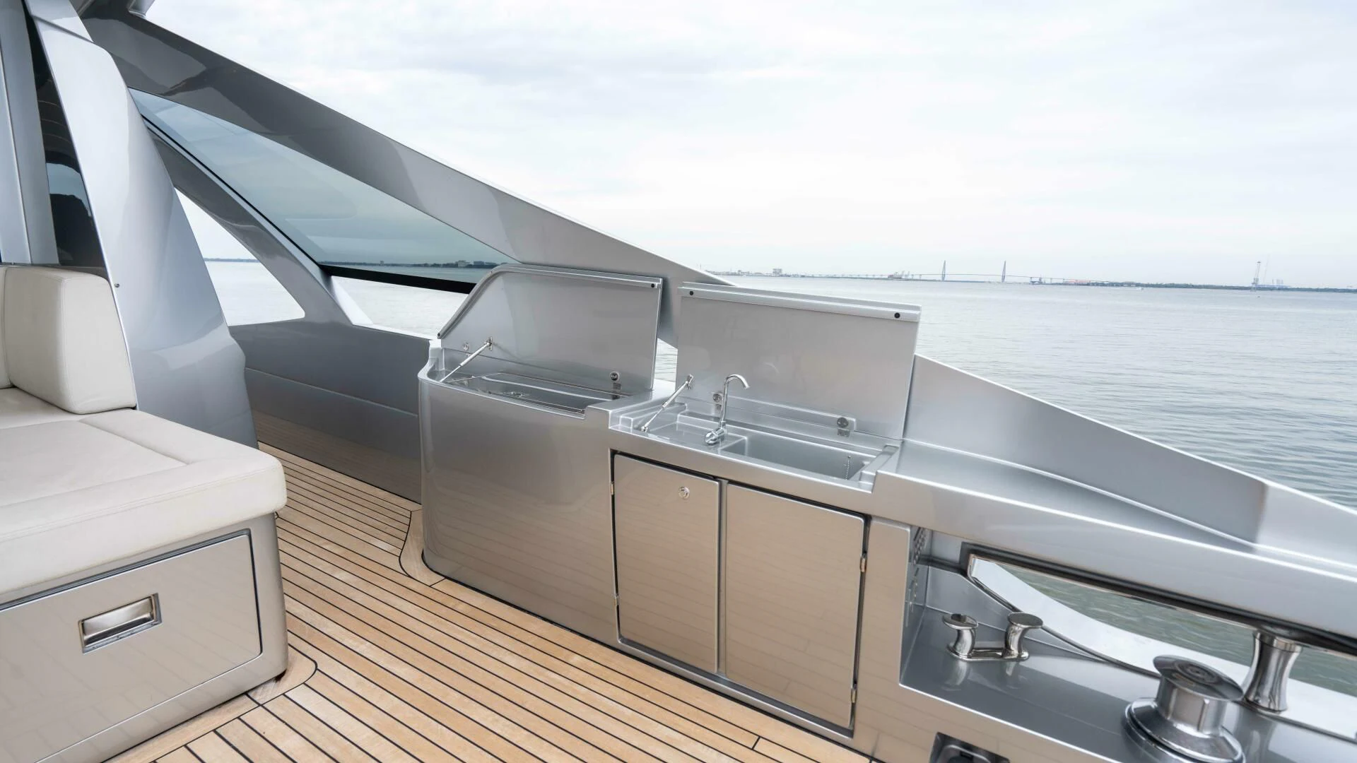 a boat with a sink and a large window aboard STALLION Yacht for Sale