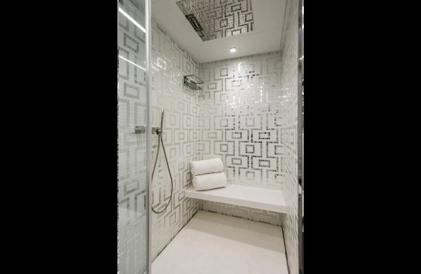 a bathroom with a shower aboard STALLION Yacht for Sale