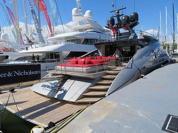 a helicopter on a deck aboard DRAGON Yacht for Sale