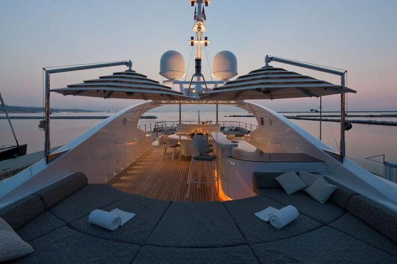 a deck with a satellite dish on it aboard AZIZA Yacht for Sale