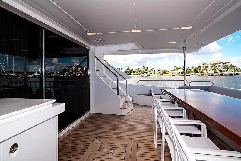 a boat deck with a deck and a view of the water aboard BLACKJACK Yacht for Sale