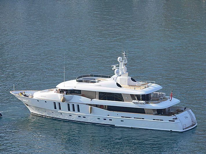 a white yacht in the water aboard MY SAGA Yacht for Sale