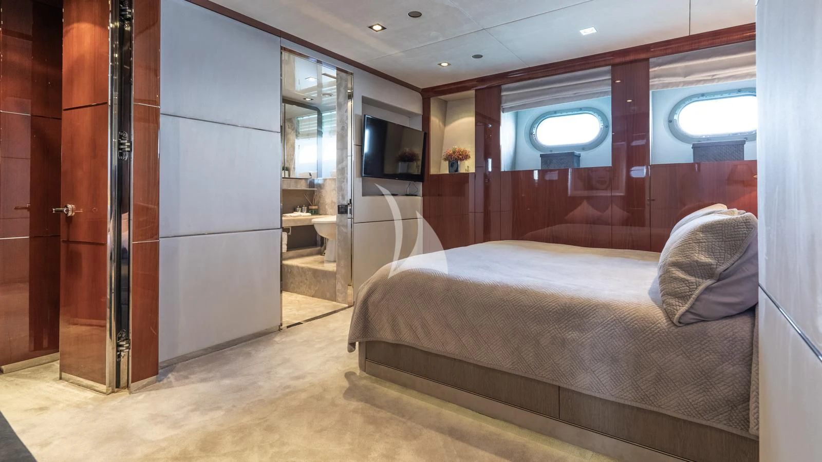 a bed in a room aboard BLISS Yacht for Sale