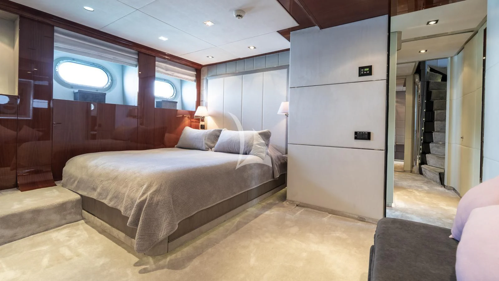 a bed in a room aboard BLISS Yacht for Sale