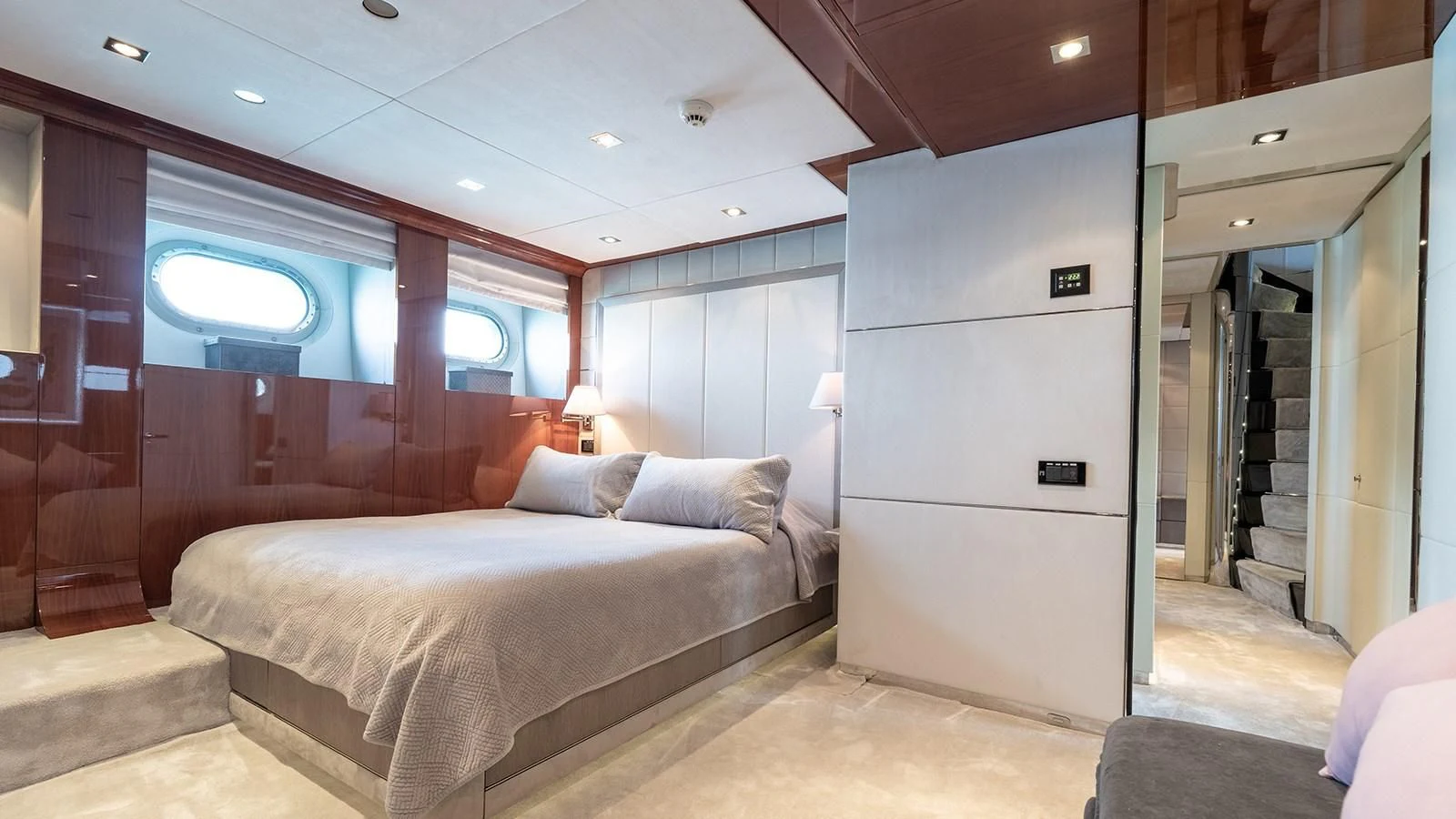 a bed in a room aboard BLISS Yacht for Sale