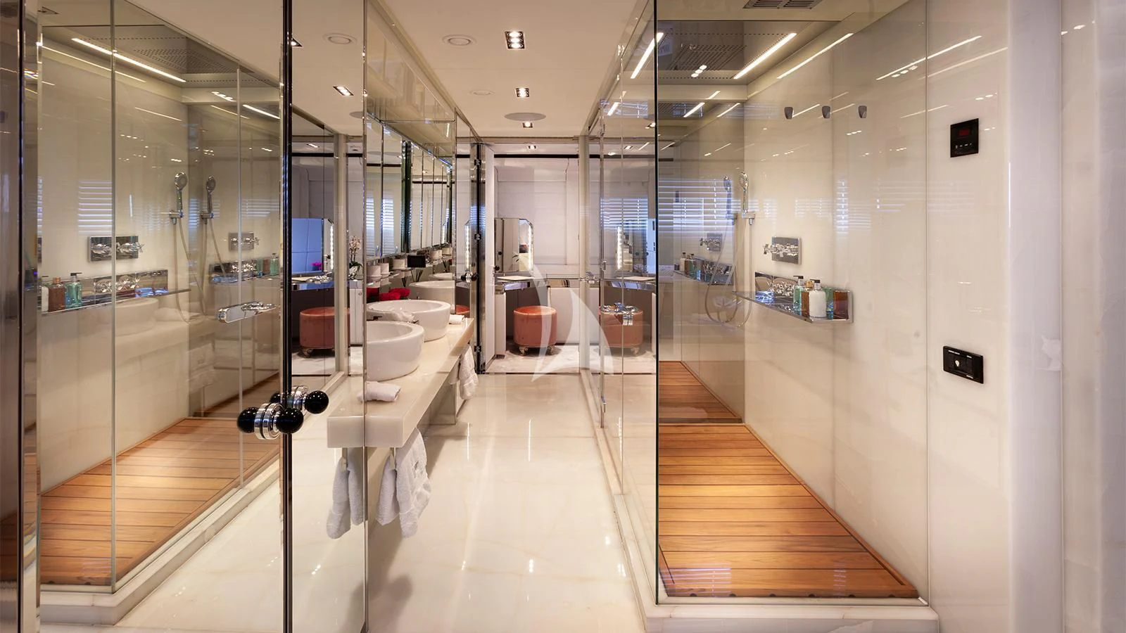 a bathroom with a glass shower aboard BLISS Yacht for Sale
