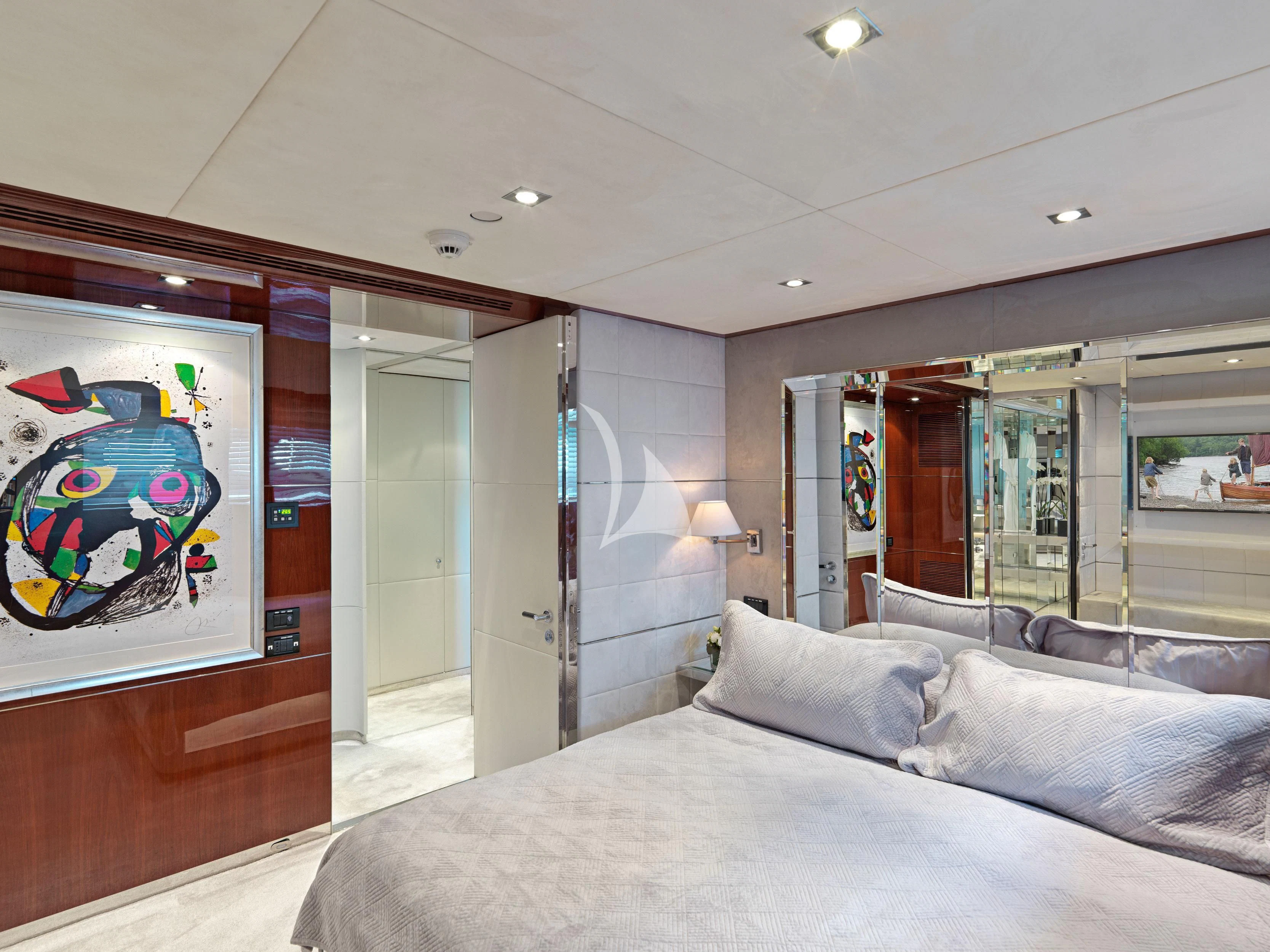 a bed in a room aboard BLISS Yacht for Sale