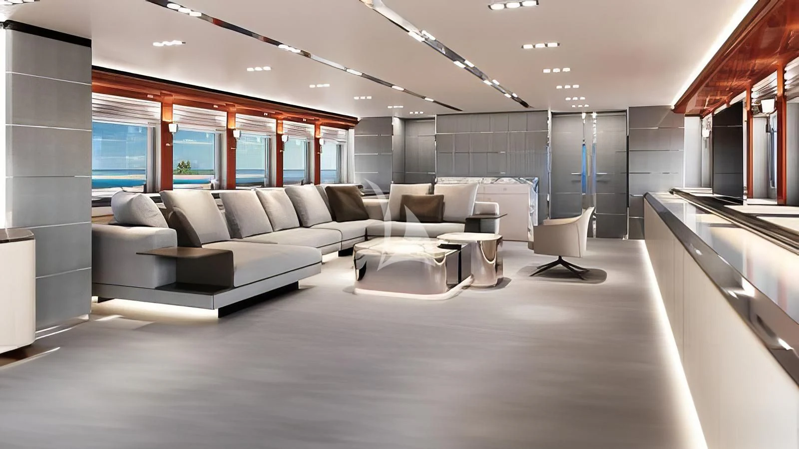 a large room with a couch and a table aboard BLISS Yacht for Sale