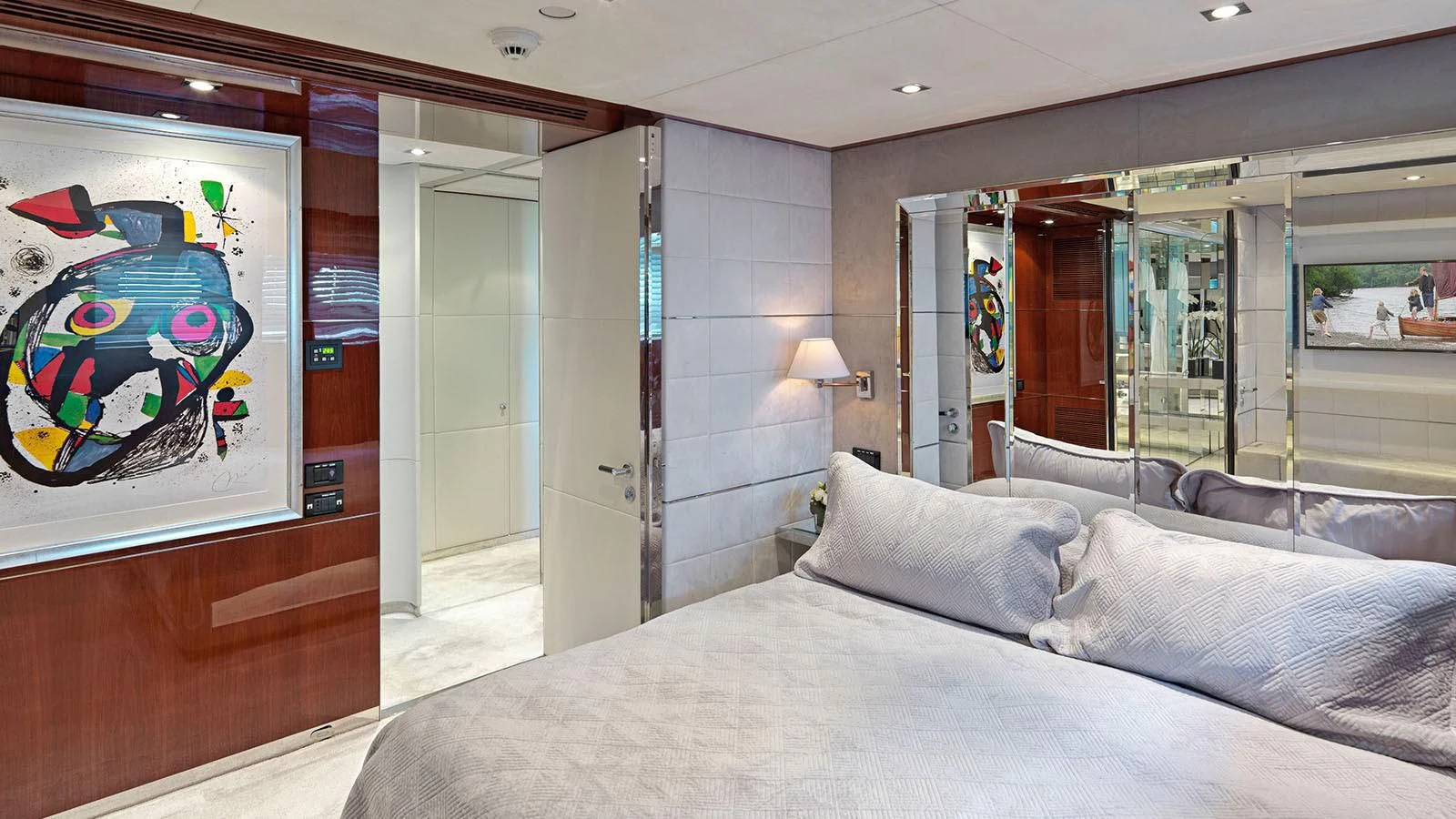 a bed in a room aboard BLISS Yacht for Sale