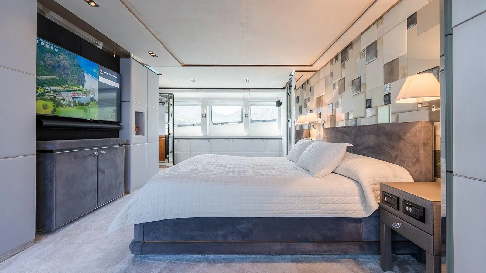 a bed in a room aboard BLISS Yacht for Sale