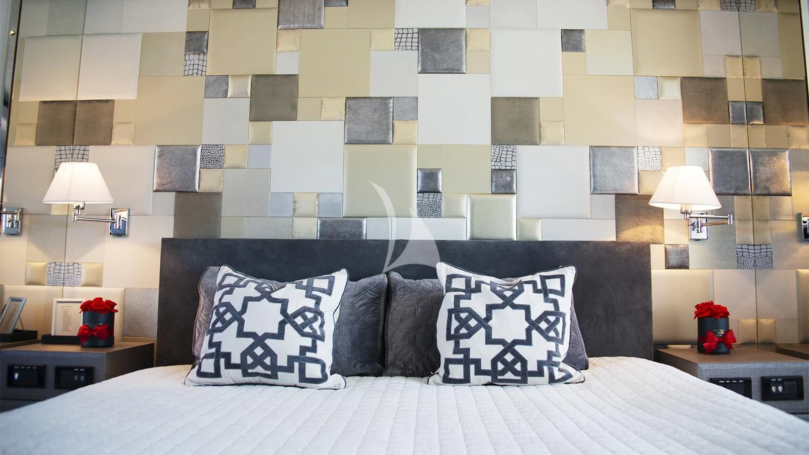 a bed with pillows aboard BLISS Yacht for Sale