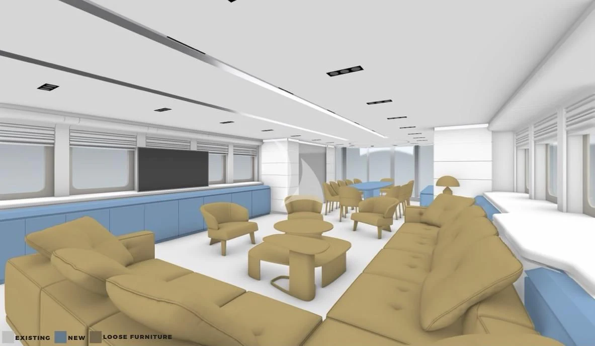 a room with yellow couches aboard BLISS Yacht for Sale