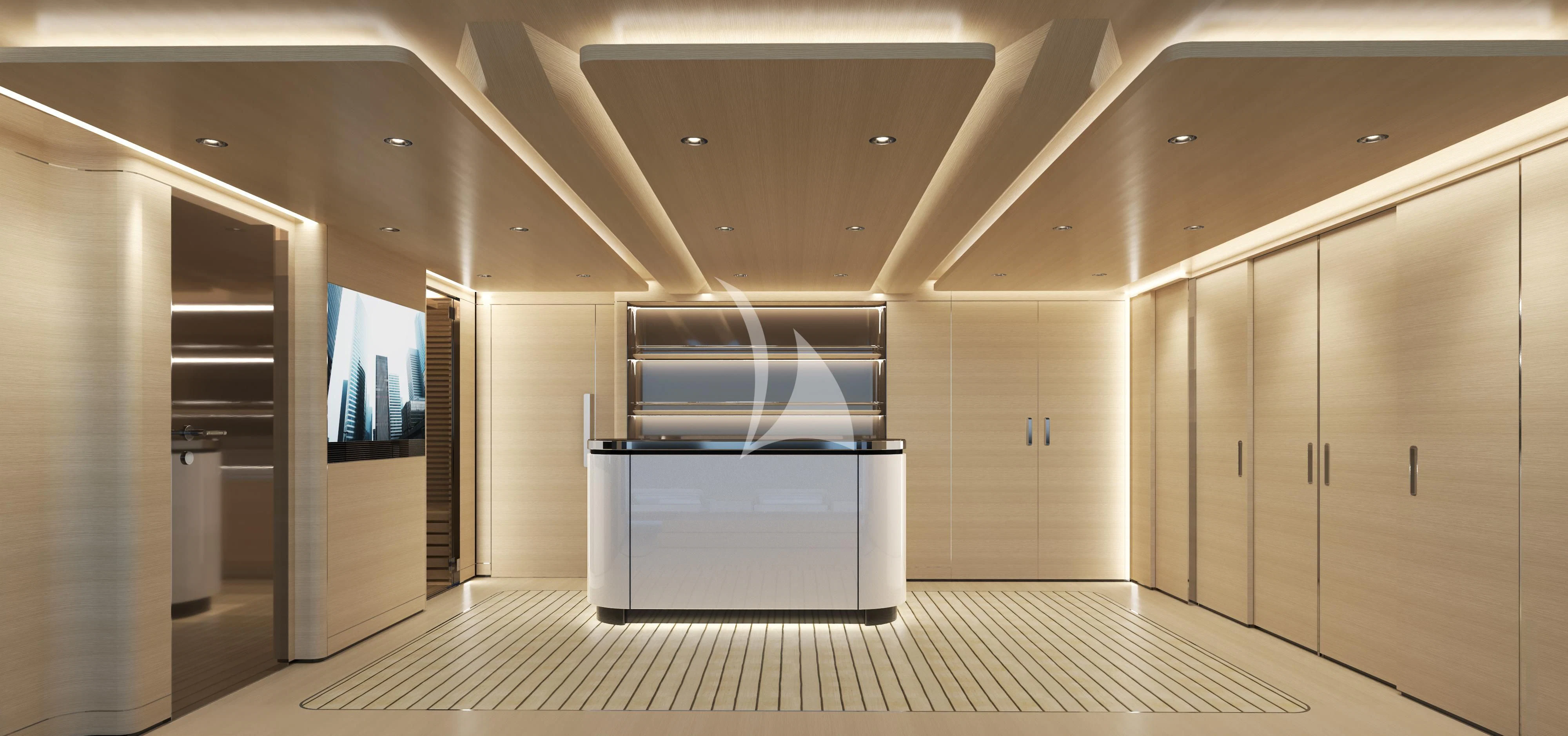 a room with doors and windows aboard BLISS Yacht for Sale