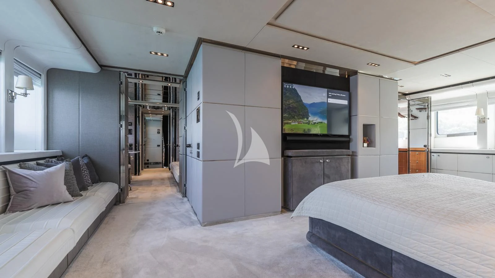 a room with a bed and a tv aboard BLISS Yacht for Sale