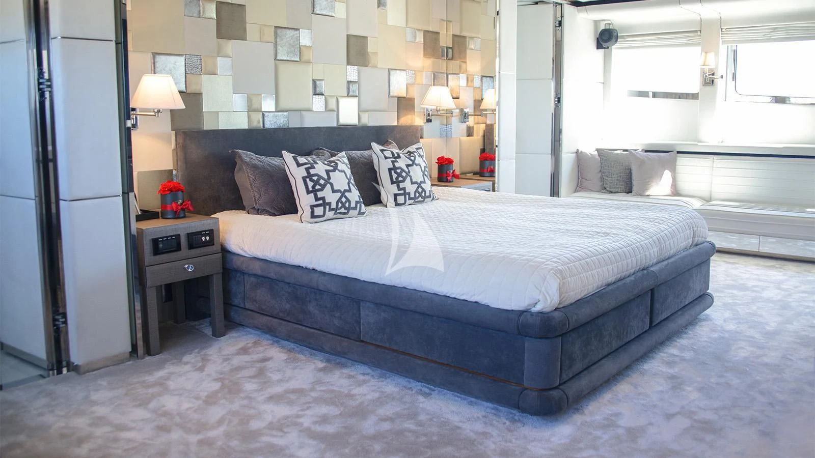 a bed in a room aboard BLISS Yacht for Sale