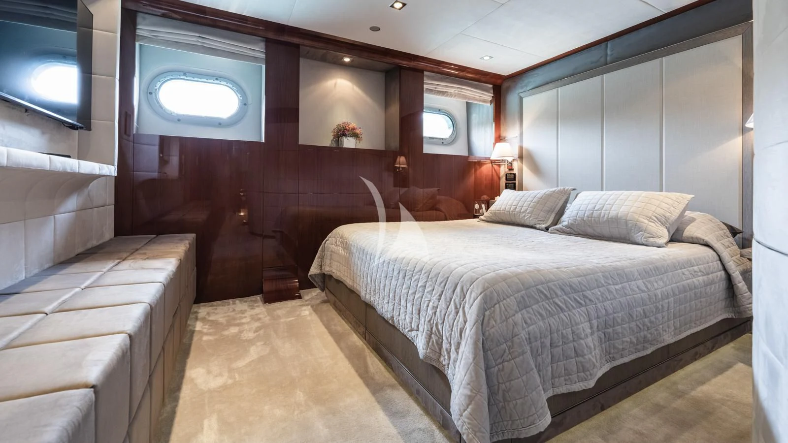 a room with two beds aboard BLISS Yacht for Sale