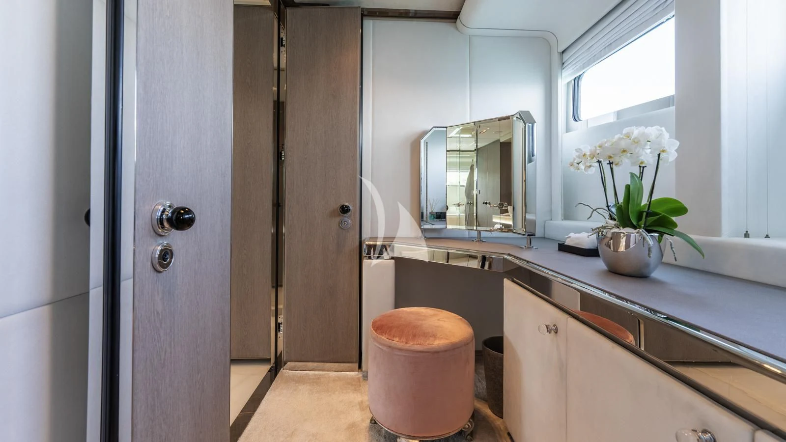 a bathroom with a large countertop aboard BLISS Yacht for Sale