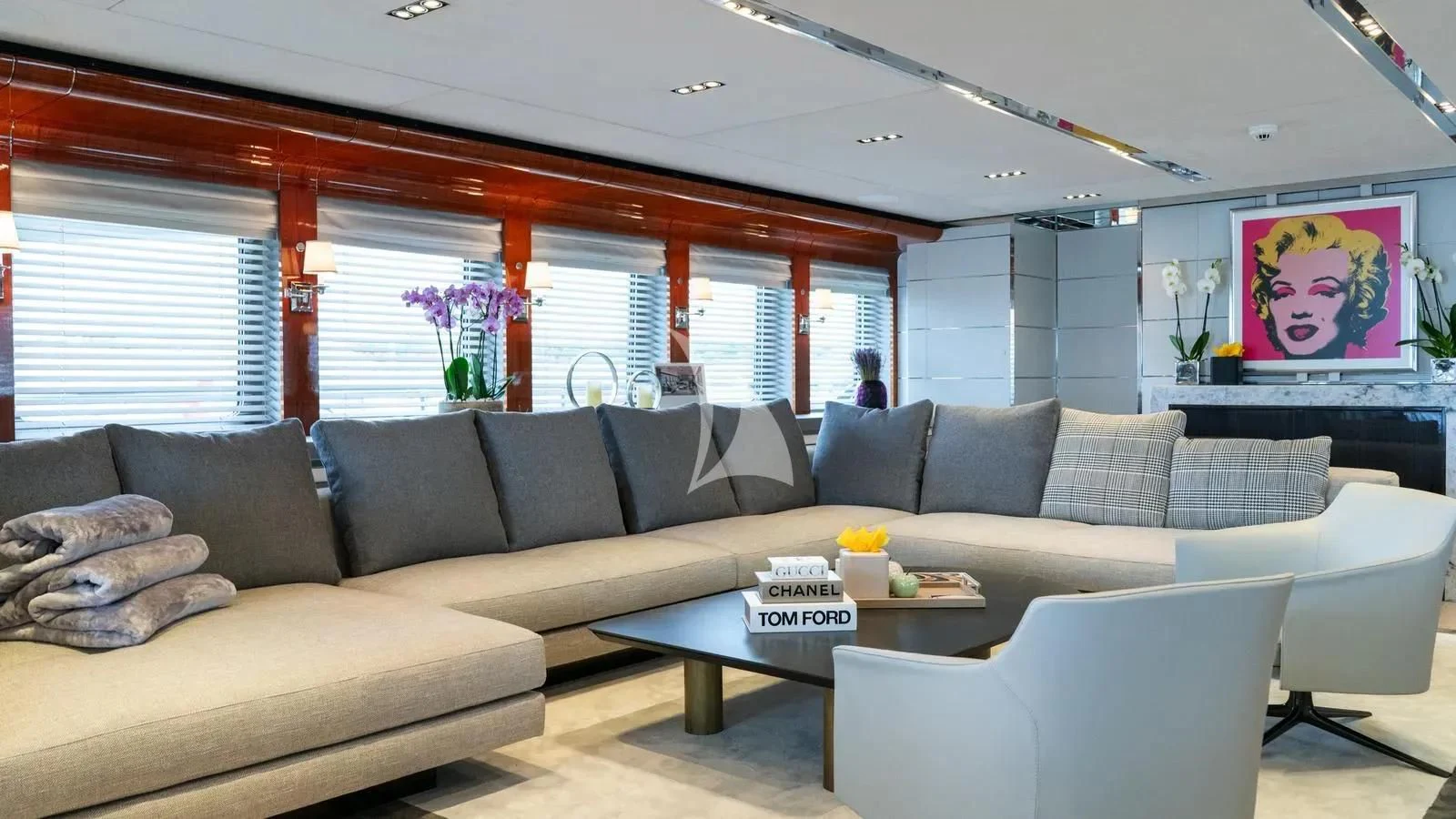 a living room with a large window aboard BLISS Yacht for Sale