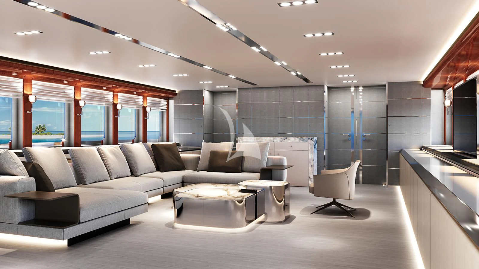 a large living room with a large white sofa and a large glass window aboard BLISS Yacht for Sale