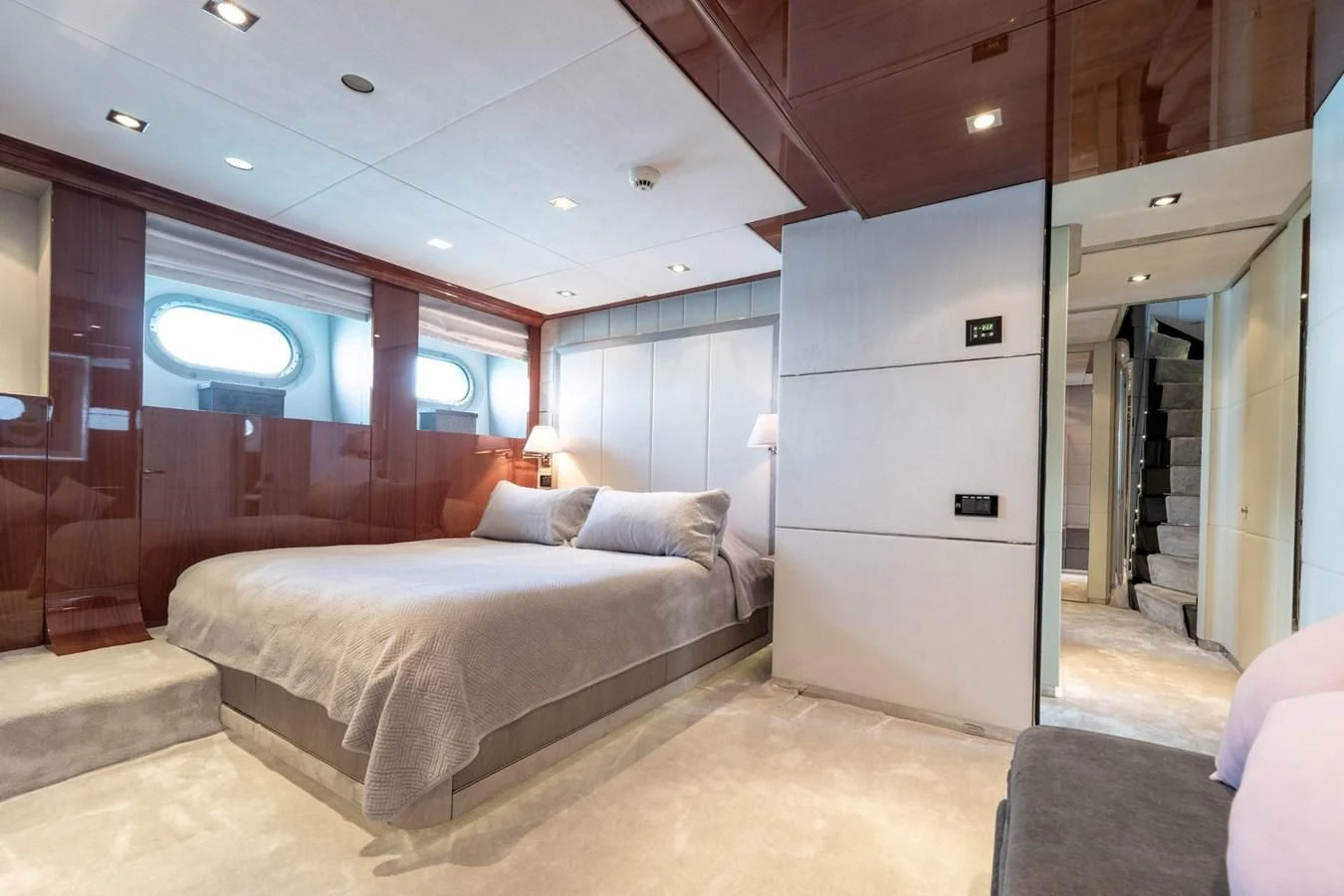 a bed in a room aboard BLISS Yacht for Sale