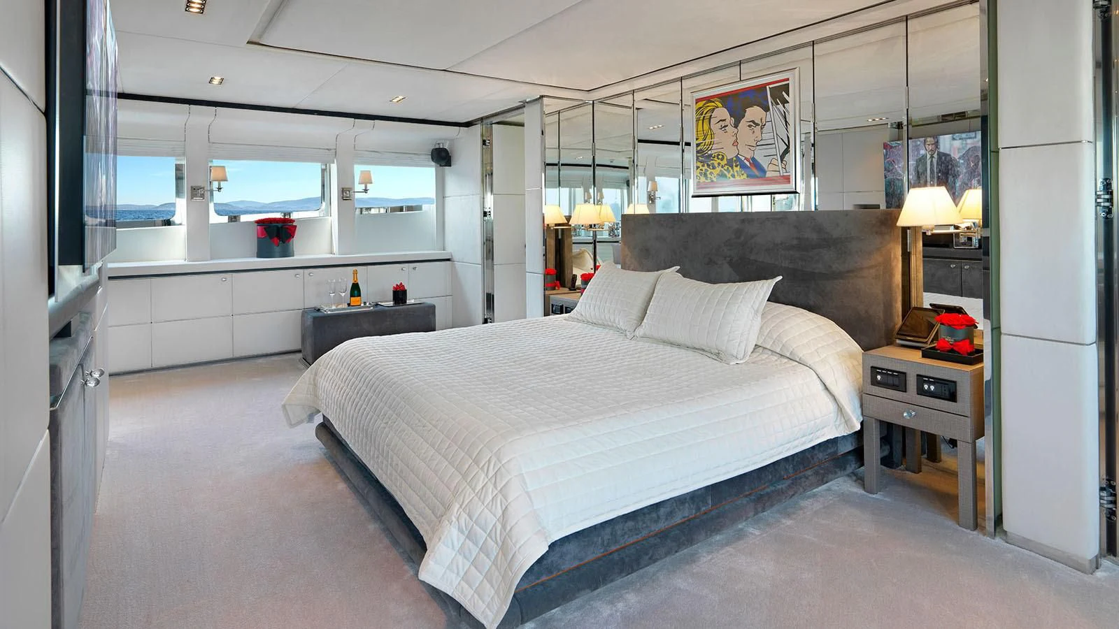 a bed in a room aboard BLISS Yacht for Sale