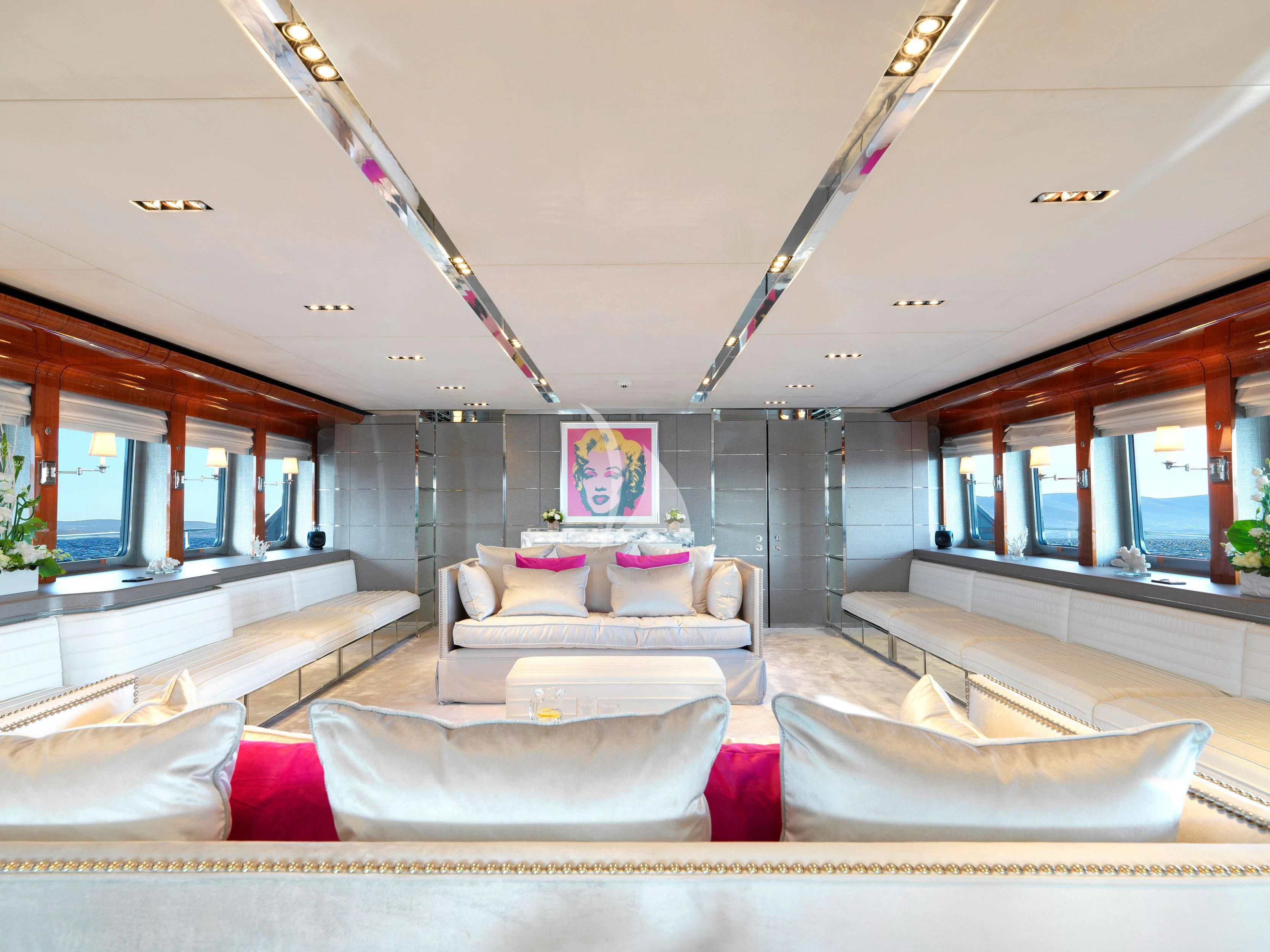 a large living room with a large open floor plan aboard BLISS Yacht for Sale