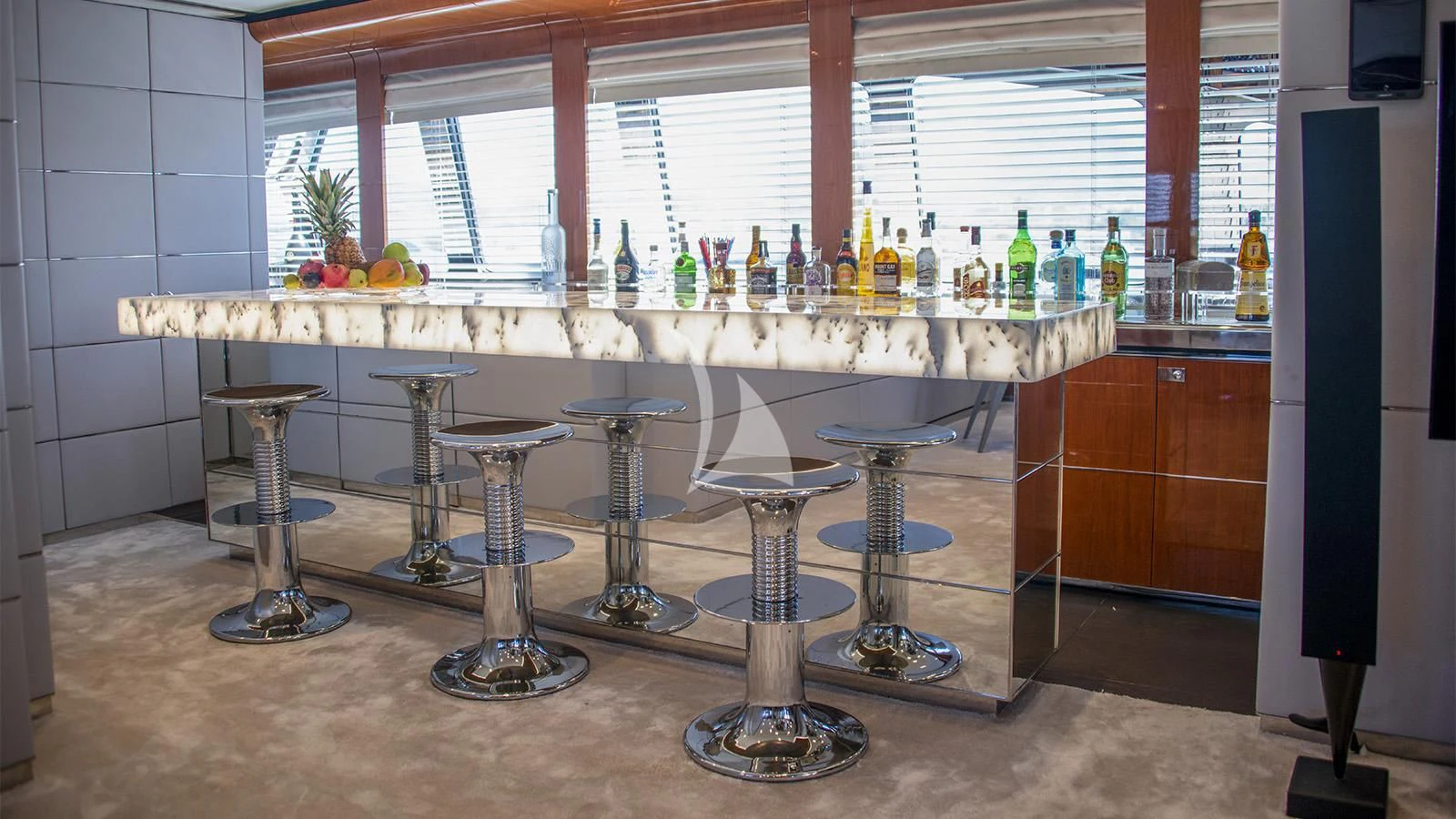 a kitchen with a large island aboard BLISS Yacht for Sale
