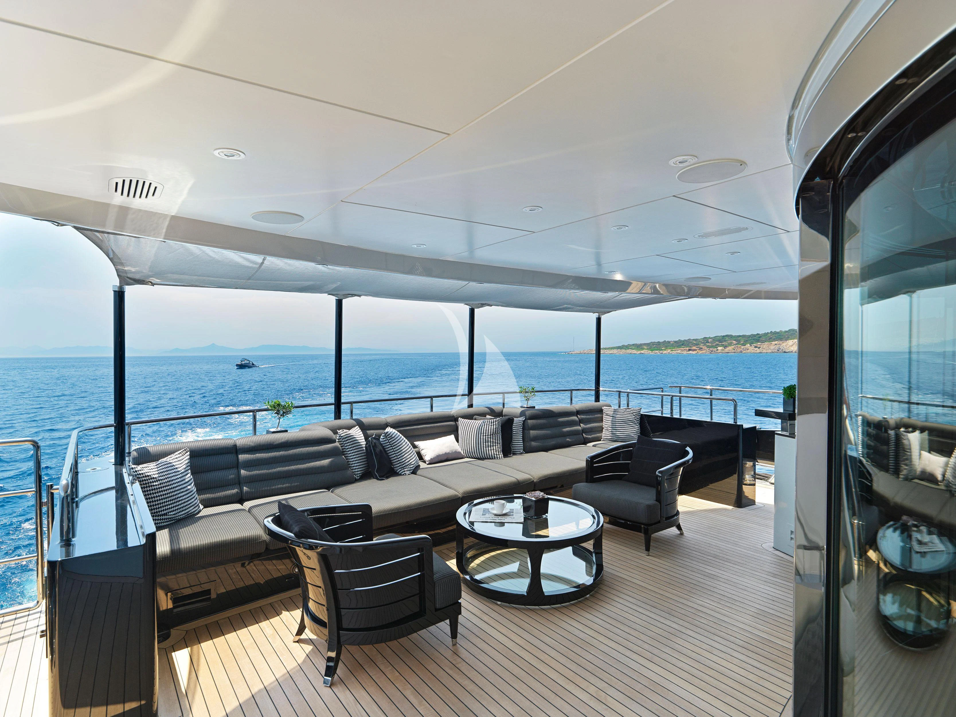 a large living room with a large ocean view aboard BLISS Yacht for Sale