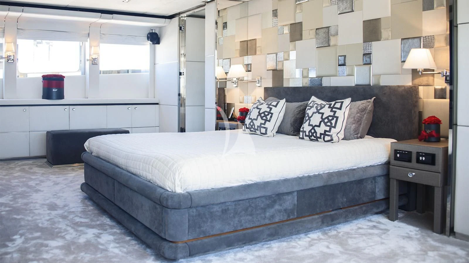 a bed in a room aboard BLISS Yacht for Sale