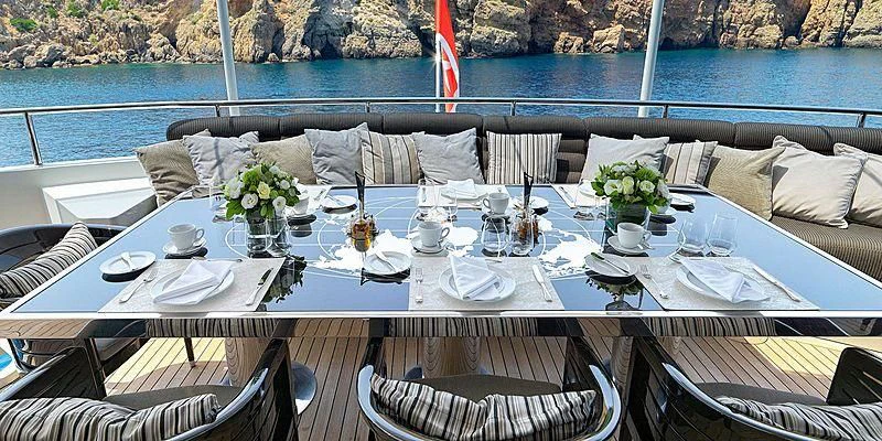 a table set with a tablecloth aboard BLISS Yacht for Sale