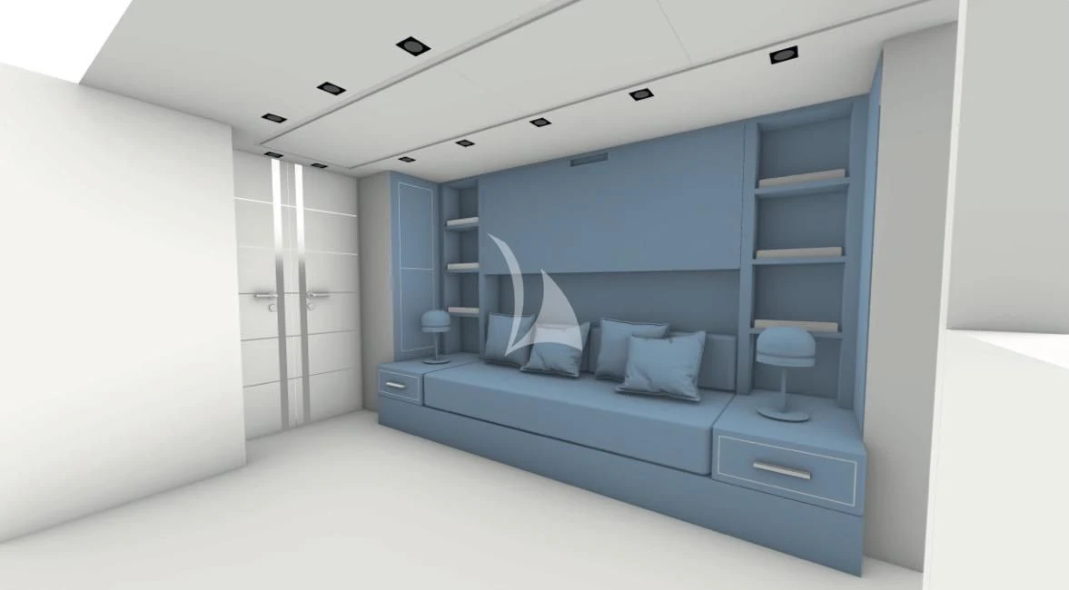 a room with a bed and a desk aboard BLISS Yacht for Sale