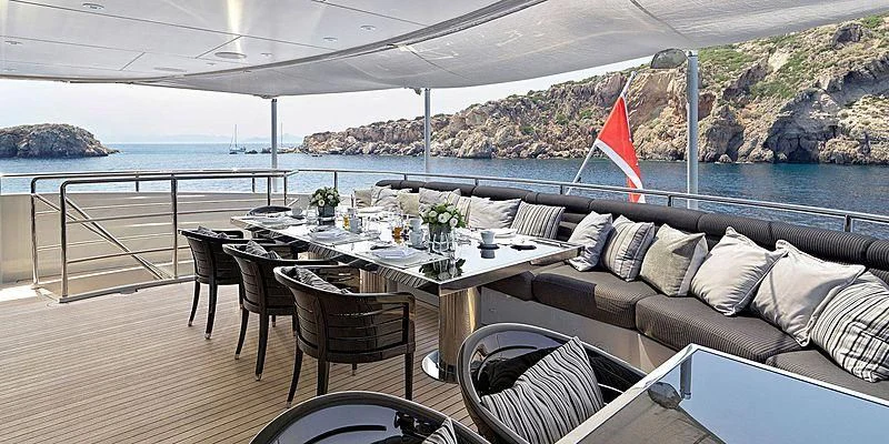 a table and chairs on a deck aboard BLISS Yacht for Sale