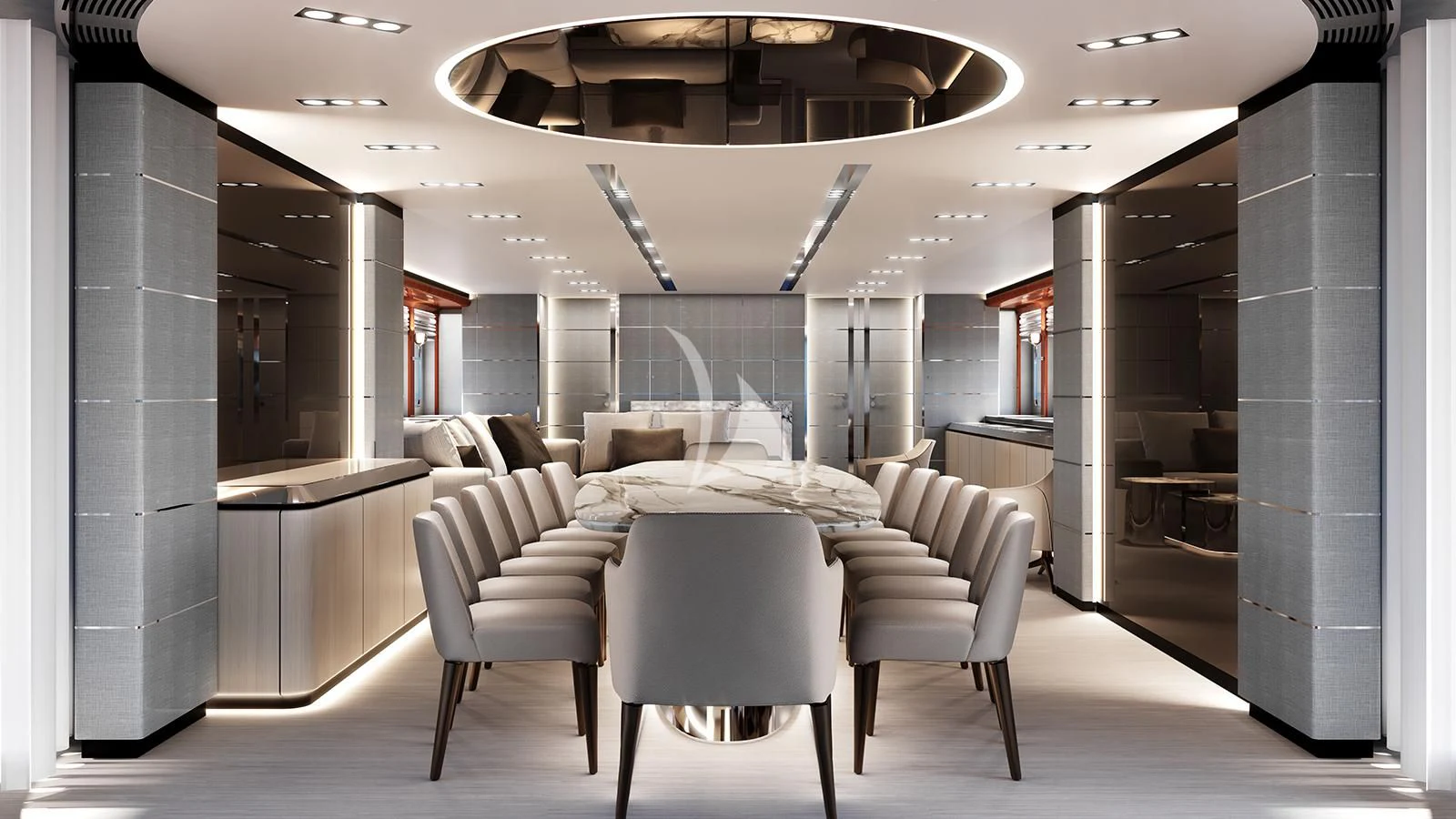 a room with a couch and a table and chairs aboard BLISS Yacht for Sale