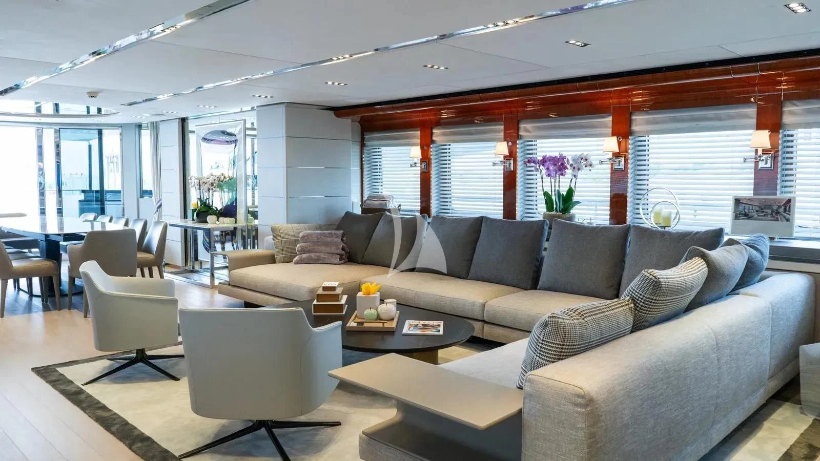 a living room with a large window aboard BLISS Yacht for Sale
