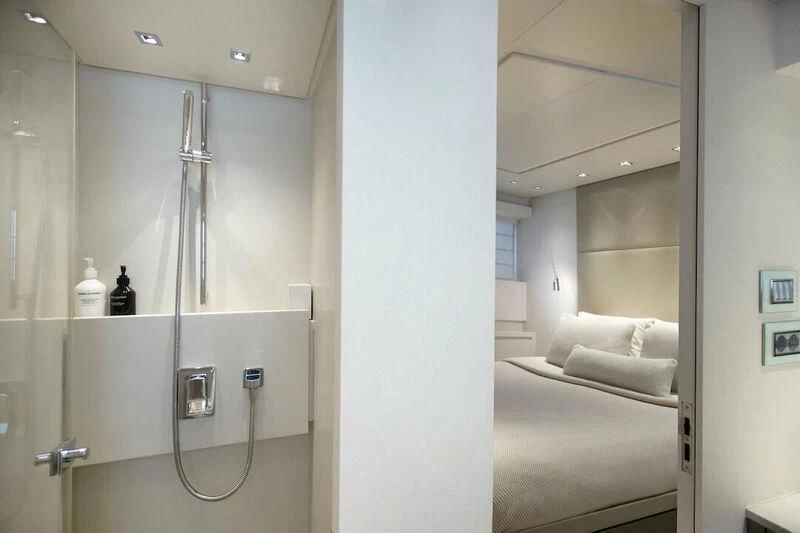 a bathroom with a shower unit aboard SANLORENZO SL82-570 Yacht for Sale