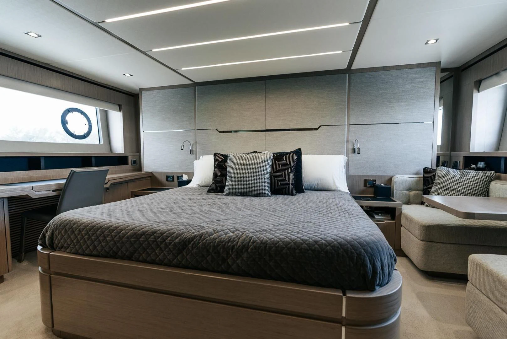 a bed in a room aboard GRAVITAS Yacht for Charter