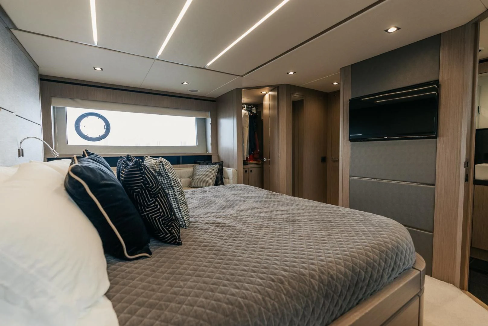 a bed in a room aboard GRAVITAS Yacht for Charter