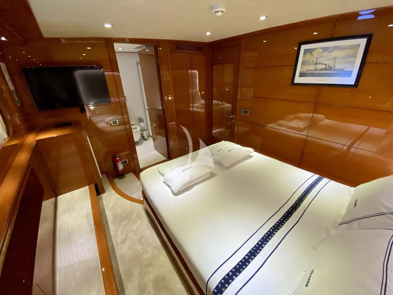 a hotel room with a bed aboard CANARIA Yacht for Sale