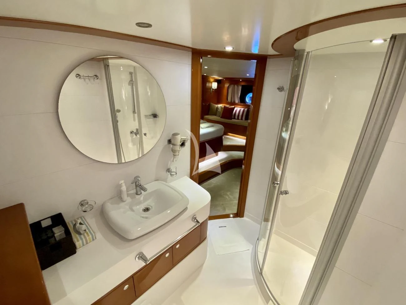 a bathroom with a large mirror aboard CANARIA Yacht for Sale