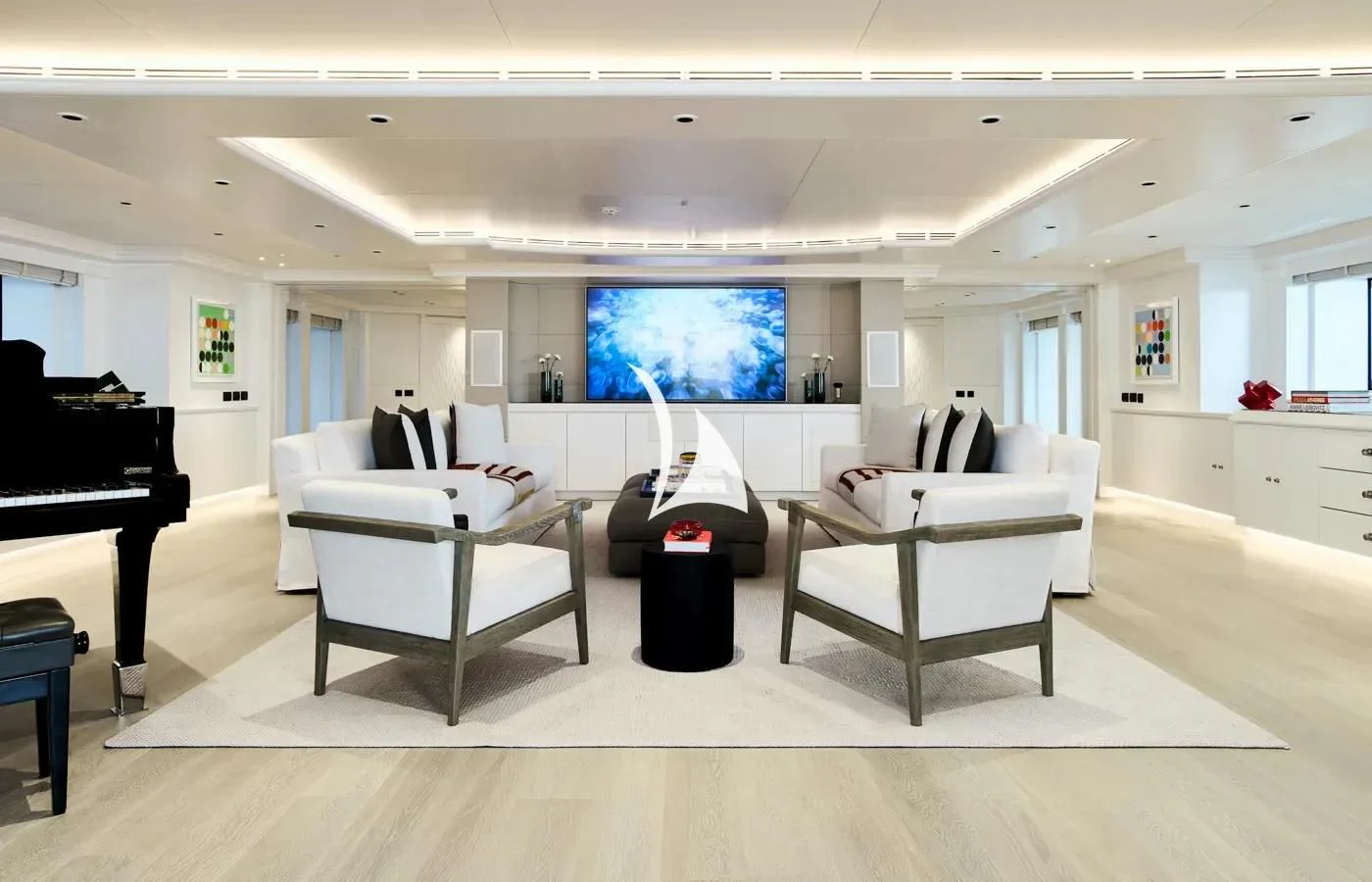 a room with a piano and a piano aboard ARBEMA Yacht for Sale
