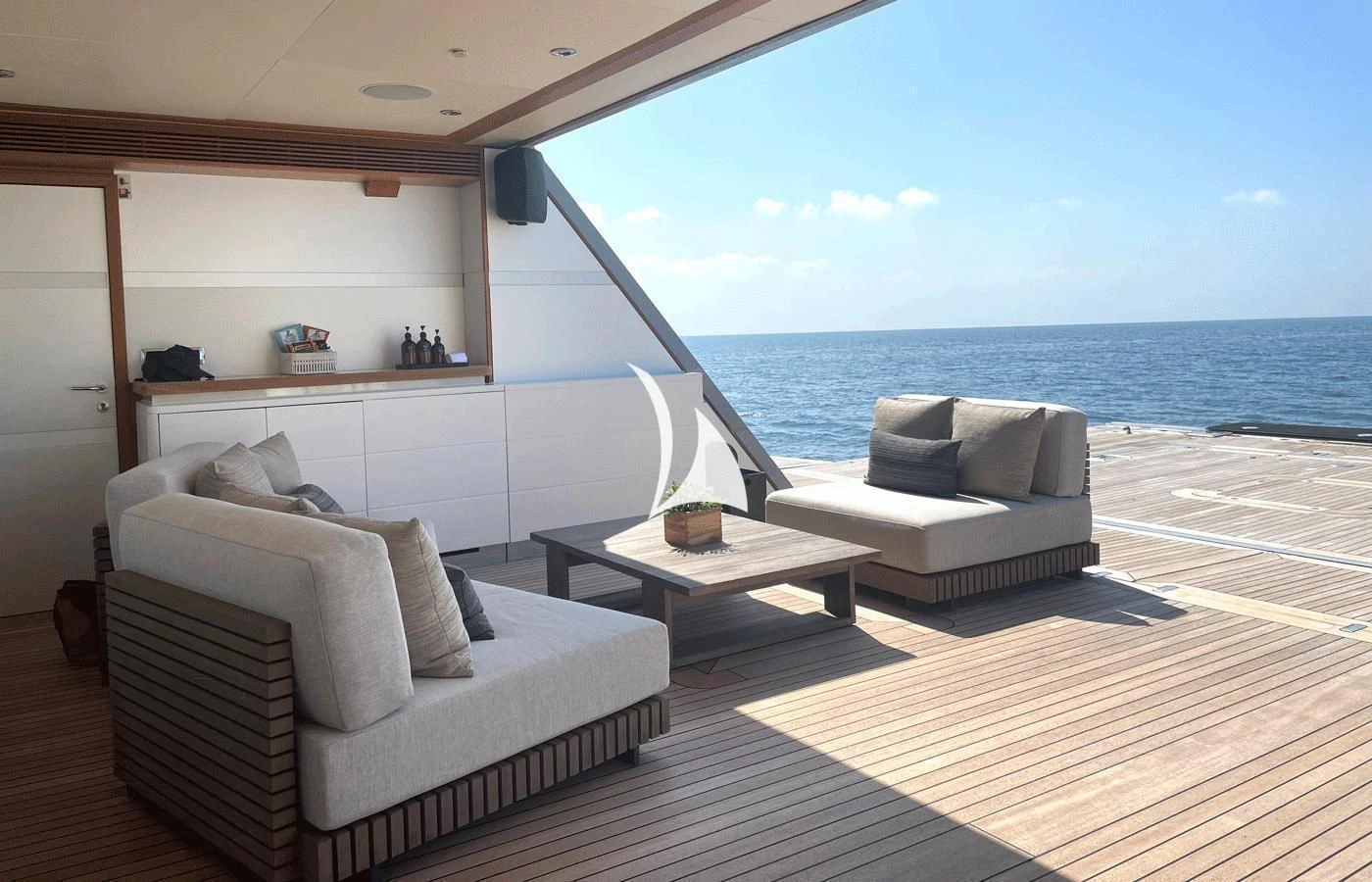 a living room with a large body of water aboard ARBEMA Yacht for Sale