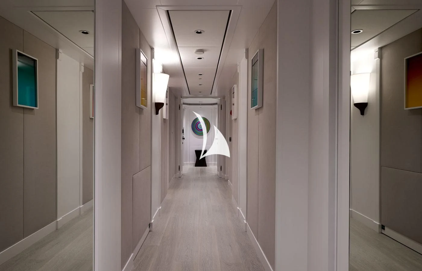 a hallway with white walls aboard ARBEMA Yacht for Sale