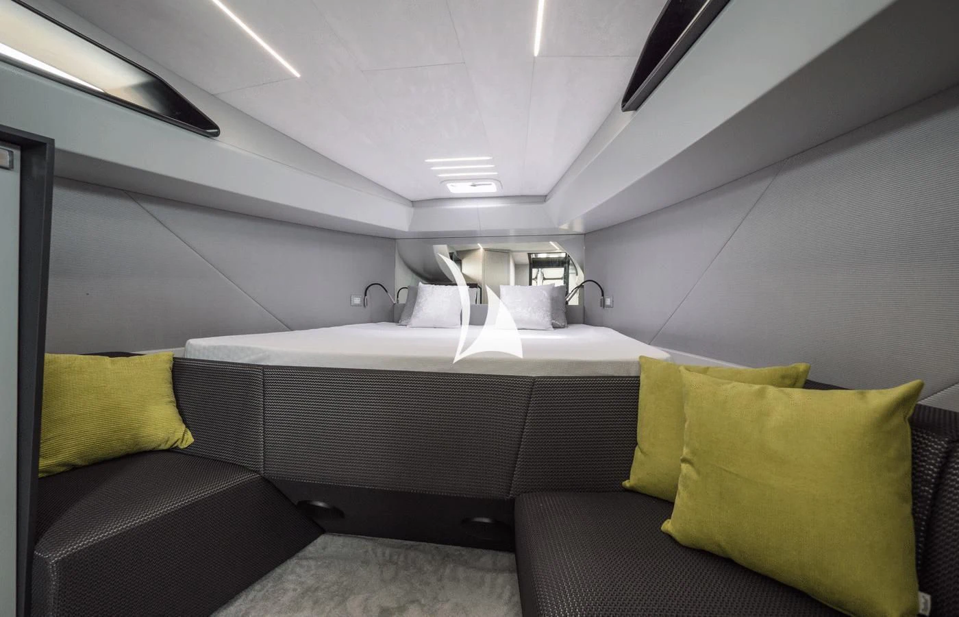a bathroom with a couch and a sink aboard ARBEMA Yacht for Sale