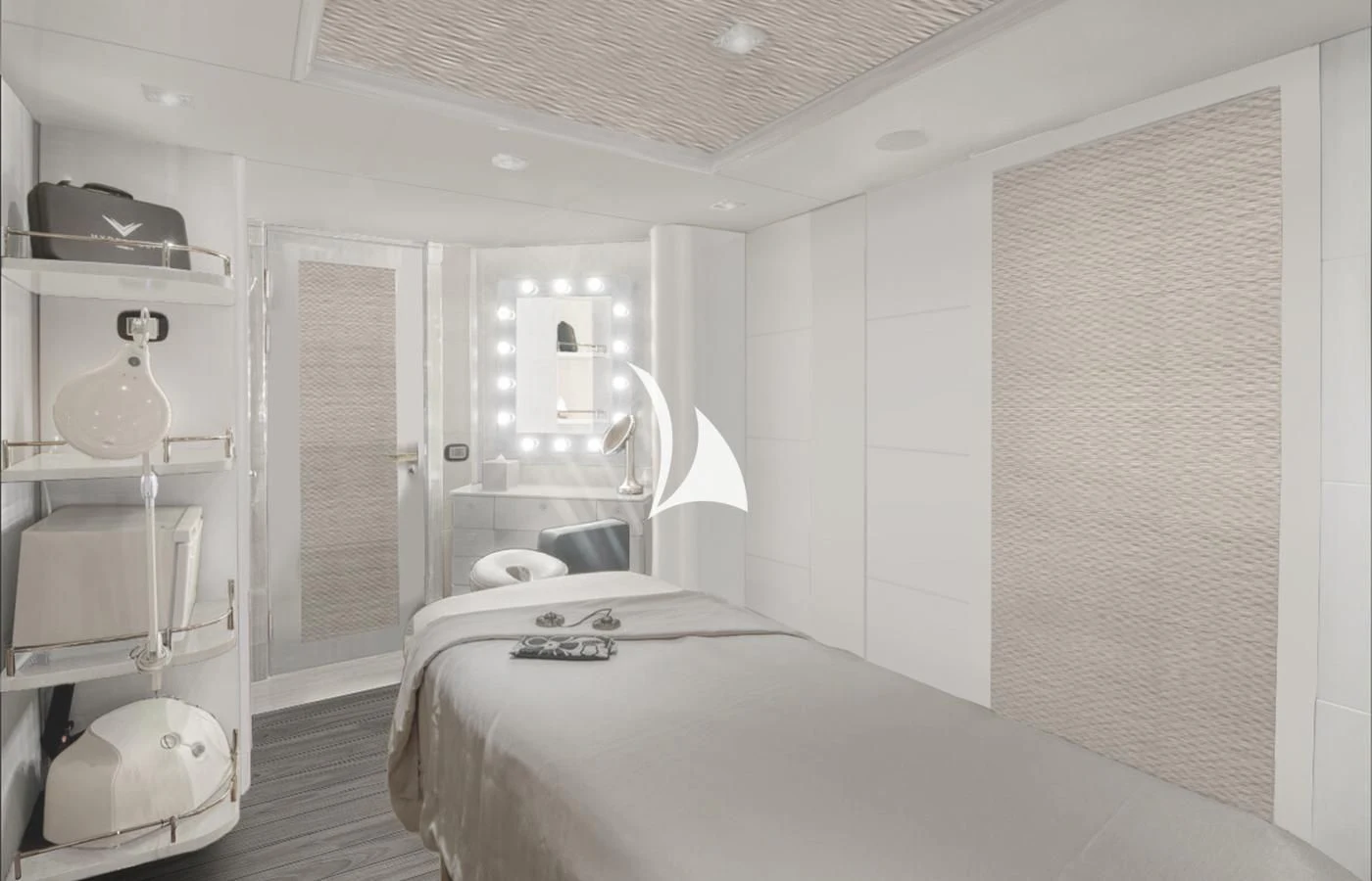 a room with a bed and a mirror aboard ARBEMA Yacht for Sale