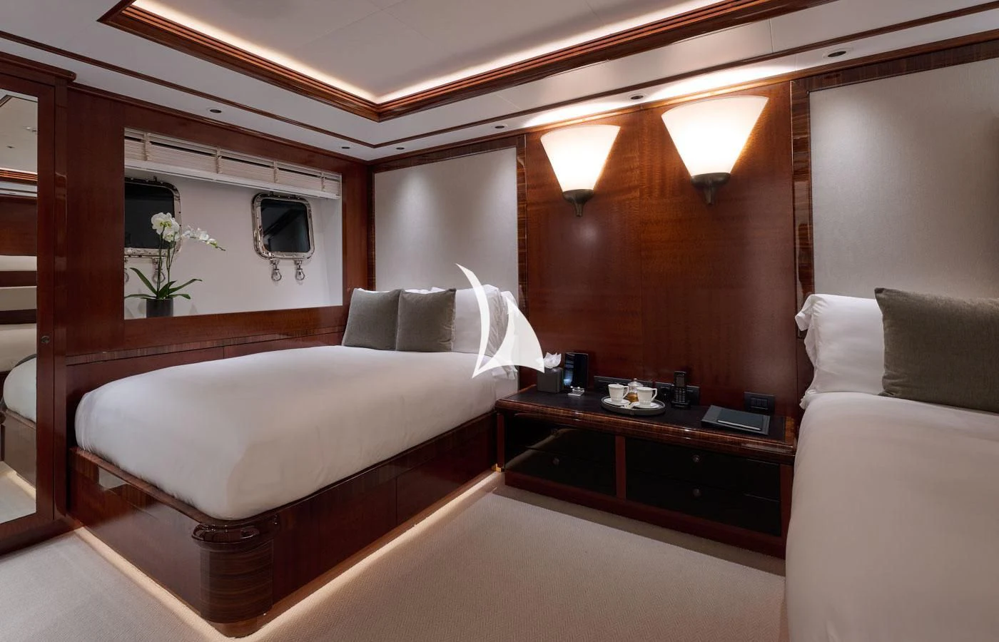 a room with a bed and a desk aboard ARBEMA Yacht for Sale